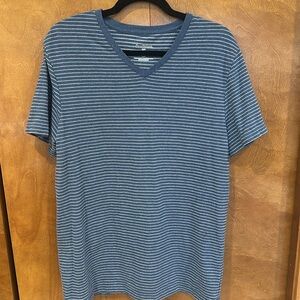 Men’s T-shirt, blue and white striped, size medium